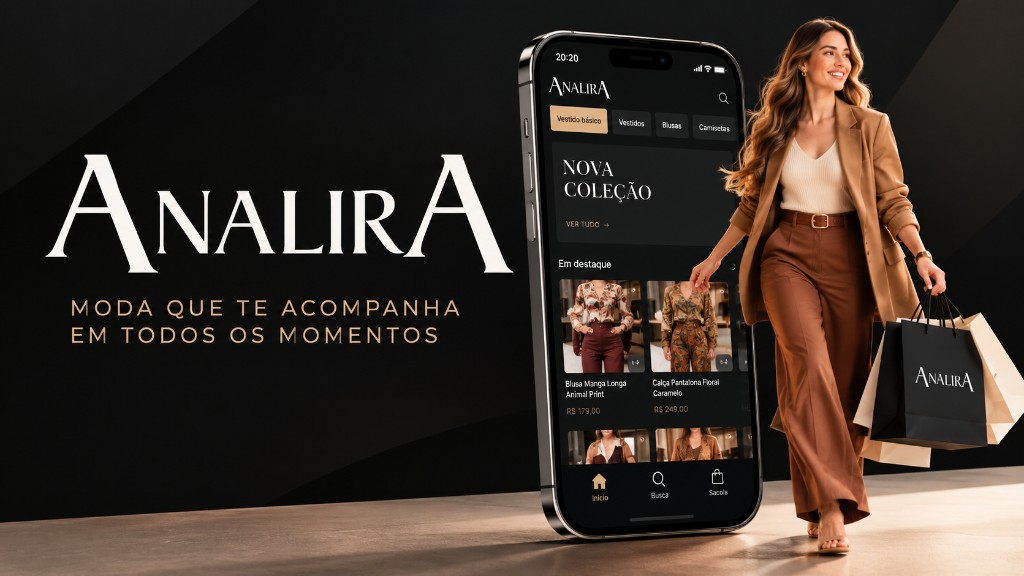Apresentação do aplicativo AnalirA, com a coleção no celular e as sacolas da marca.