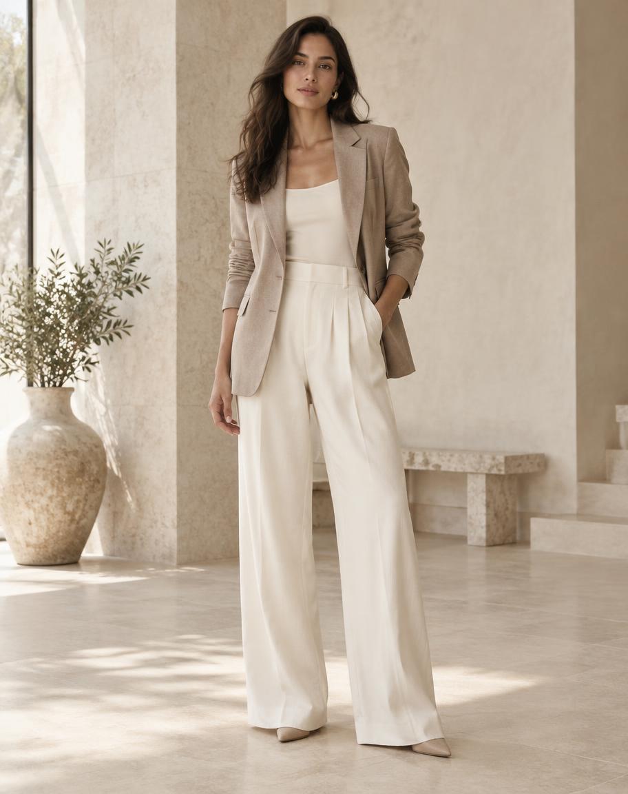 Look feminino com blazer de linho e calça clara